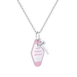 Not Today Satan Engravable Retro Keychain Charm Necklace with Accent - Pink in 925 Sterling Silver with Peridot