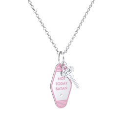 Not Today Satan Engravable Retro Keychain Charm Necklace with Accent - Pink in 925 Sterling Silver with Cubic Zirconia
