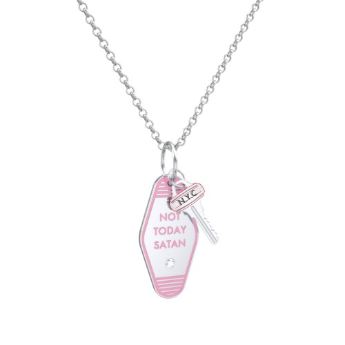 Not Today Satan Engravable Retro Keychain Charm Necklace with Accent - Pink – Sterling Silver with Cubic Zirconia