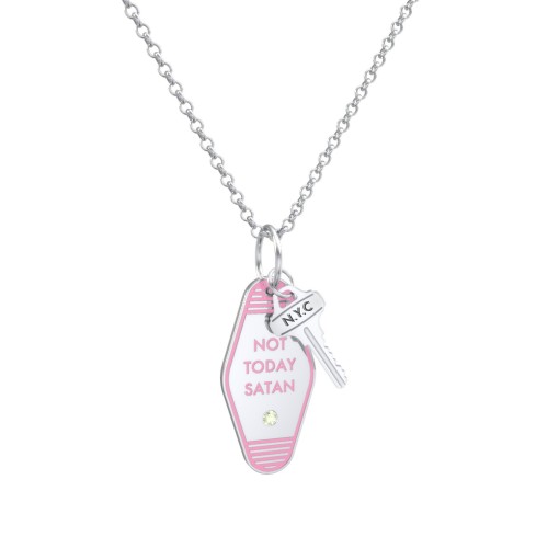 Not Today Satan Engravable Retro Keychain Charm Necklace with Accent - Pink – Sterling Silver with Peridot