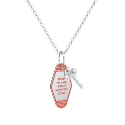 Sorry I'm Late Engravable Retro Keychain Charm Necklace - Orange in 925 Sterling Silver with Cubic Zirconia