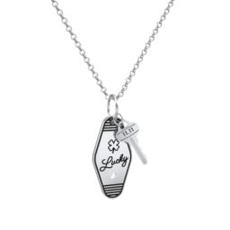 Lucky Engravable Retro Keychain Charm Necklace with Accent - Black