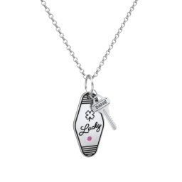 Lucky Engravable Retro Keychain Charm Necklace with Accent - Black in 925 Sterling Silver with Ruby
