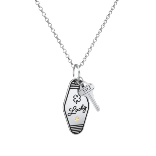 Lucky Engravable Retro Keychain Charm Necklace with Accent - Black – Sterling Silver with Citrine