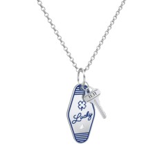 Lucky Engravable Retro Keychain Charm Necklace with Accent - Blue