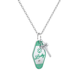 Lucky Engravable Retro Keychain Charm Necklace with Accent - Green in 925 Sterling Silver with Smokey Quartz