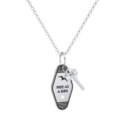 Free As A Bird Engravable Retro Keychain Charm Necklace with Accent - Black in 925 Sterling Silver with Cubic Zirconia