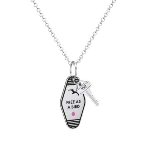 Free As A Bird Engravable Retro Keychain Charm Necklace with Accent - Black – Sterling Silver with Ruby