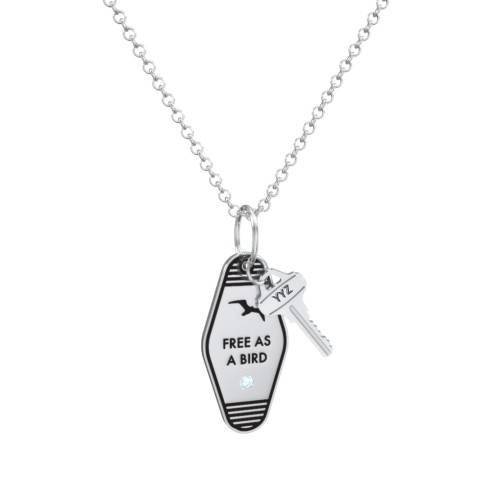 Free As A Bird Engravable Retro Keychain Charm Necklace with Accent - Black – Sterling Silver with Blue Topaz
