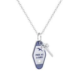 Free As A Bird Engravable Retro Keychain Charm Necklace with Accent - Blue in 925 Sterling Silver with Cubic Zirconia