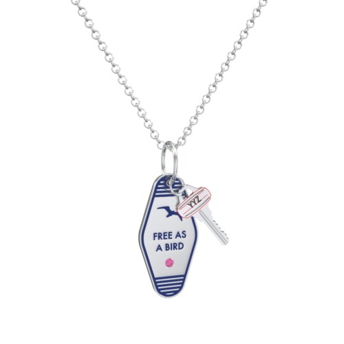 Free As A Bird Engravable Retro Keychain Charm Necklace with Accent - Blue – Sterling Silver with Ruby