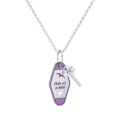 Free As A Bird Engravable Retro Keychain Charm Necklace with Accent - Purple