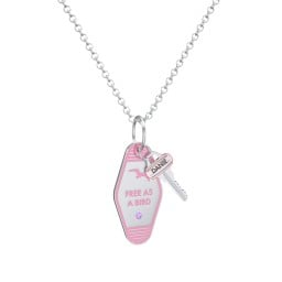 Free As A Bird Engravable Retro Keychain Charm Necklace with Accent - Pink