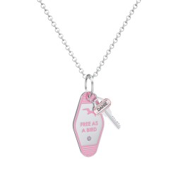 Free As A Bird Engravable Retro Keychain Charm Necklace with Accent - Pink