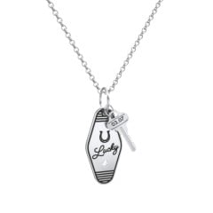 Lucky Horseshoe Engravable Retro Keychain Charm Necklace with Accent - Black