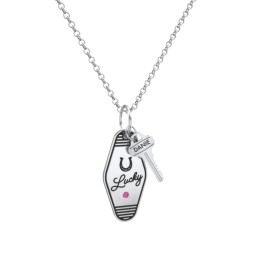 Lucky Horseshoe Engravable Retro Keychain Charm Necklace with Accent - Black in 925 Sterling Silver with Ruby