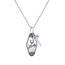 Lucky Horseshoe Engravable Retro Keychain Charm Necklace with Accent - Black in 925 Sterling Silver with Blue Topaz