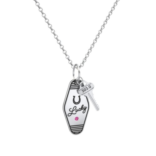 Lucky Horseshoe Engravable Retro Keychain Charm Necklace with Accent - Black – Sterling Silver with Ruby
