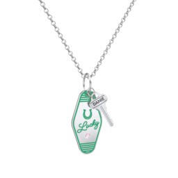 Lucky Horseshoe Engravable Retro Keychain Charm Necklace with Accent - Green in 925 Sterling Silver with Pink Tourmaline