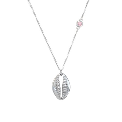 Coffee Bean Shell Necklace with Bezel Set Gemstone – Sterling Silver with Pink Tourmaline