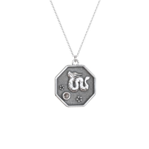 Year of the Dragon Engravable Zodiac Medallion Necklace – Sterling Silver with Smokey Quartz
