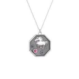 Year of the Horse Engravable Zodiac Medallion Necklace in 925 Sterling Silver with Ruby