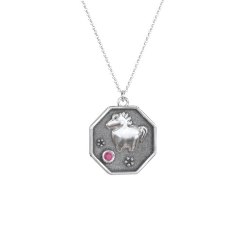 Year of the Horse Engravable Zodiac Medallion Necklace – Sterling Silver with Ruby