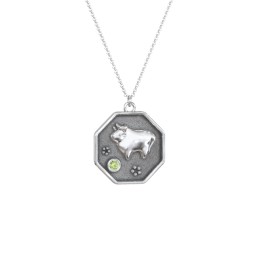 Year of the Ox Engravable Zodiac Medallion Necklace in 925 Sterling Silver with Peridot