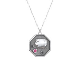 Year of the Pig Engravable Zodiac Medallion Necklace in 925 Sterling Silver with Ruby