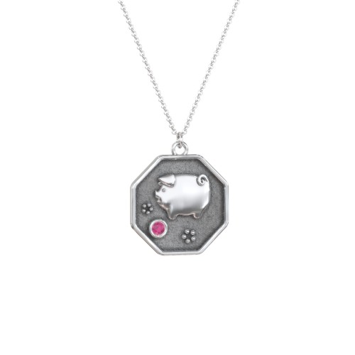 Year of the Pig Engravable Zodiac Medallion Necklace – Sterling Silver with Ruby
