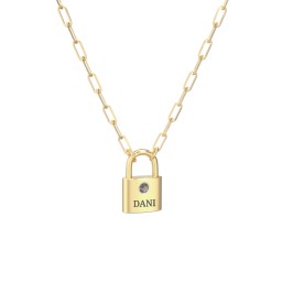 Engravable Lock Necklace with Gemstone in 18K Gold Plated Silver with Smokey Quartz