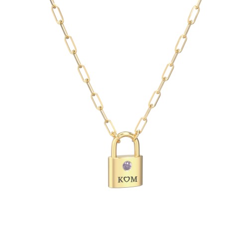 Engravable Lock Necklace with Gemstone – 18K Gold Plated Silver with Alexandrite