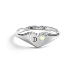 Initial Heart Signet Ring with Gemstone in 925 Sterling Silver with Peridot