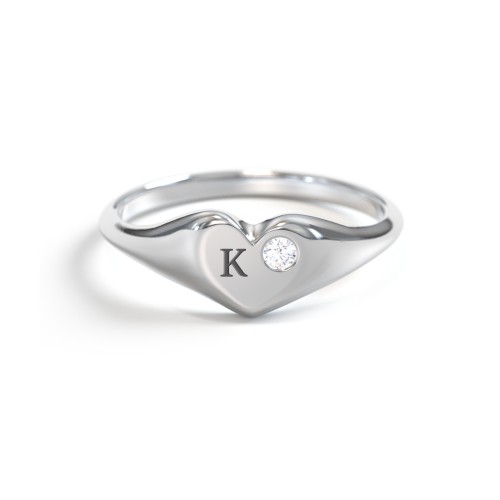 Initial Heart Signet Ring with Gemstone – Sterling Silver with Diamond