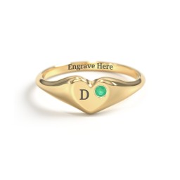 Initial Heart Signet Ring with Gemstone in Vermeil with Emerald