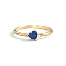 Dainty Diagonal Gemstone Heart Ring with Accent in 18K Gold Plated Silver with Blue Sapphire and Cubic Zirconia