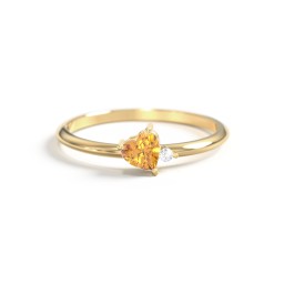 Dainty Diagonal Gemstone Heart Ring with Accent in 18K Gold Plated Silver with Citrine and Cubic Zirconia