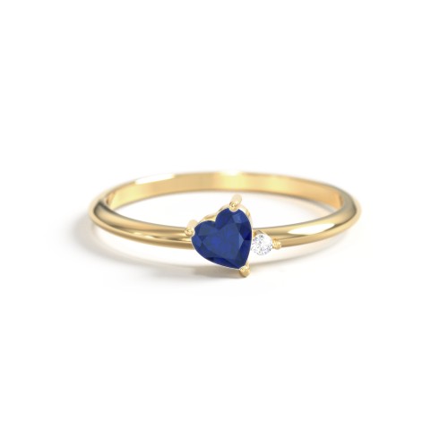 Dainty Diagonal Gemstone Heart Ring with Accent – 18K Gold Plated Silver with Blue Sapphire and Cubic Zirconia