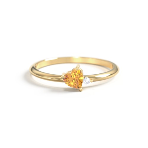 Dainty Diagonal Gemstone Heart Ring with Accent – 18K Gold Plated Silver with Citrine and Cubic Zirconia