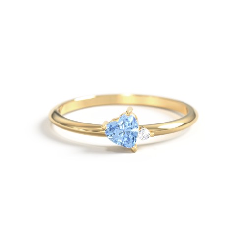 Dainty Diagonal Gemstone Heart Ring with Accent – 18K Gold Plated Silver with Blue Topaz and Cubic Zirconia