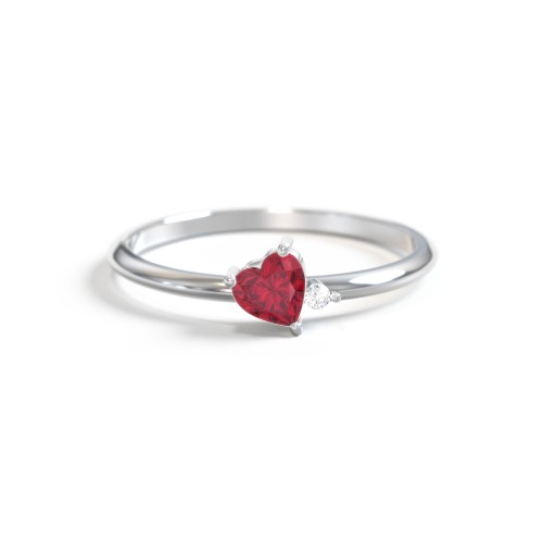 Dainty Diagonal Gemstone Heart Ring with Accent – Sterling Silver with Ruby and Cubic Zirconia