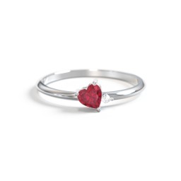 Dainty Diagonal Gemstone Heart Ring with Accent in 10K Solid White Gold with Ruby and Cubic Zirconia