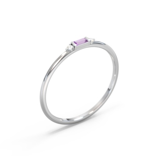Dainty East-West Minimalist Baguette Ring with Accents – 10K White Gold with Amethyst and Cubic Zirconia