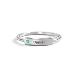Engravable Bar Ring with Accent in 925 Sterling Silver with Emerald