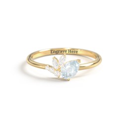 Tilted Pear Gemstone Ring with Cluster Accents in 10K Solid Yellow Gold with Aquamarine and Cubic Zirconia