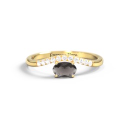 East-West Oval Gemstone Curved Ring with Accents in 10K Solid Yellow Gold with Smokey Quartz and Cubic Zirconia