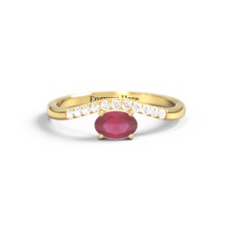 East-West Oval Gemstone Curved Ring with Accents in 10K Solid Yellow Gold with Ruby and Cubic Zirconia