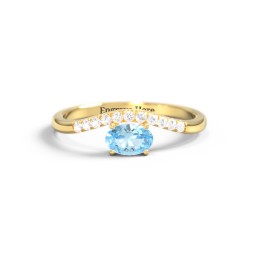 East-West Oval Gemstone Curved Ring with Accents in 10K Solid Yellow Gold with Blue Topaz and Cubic Zirconia
