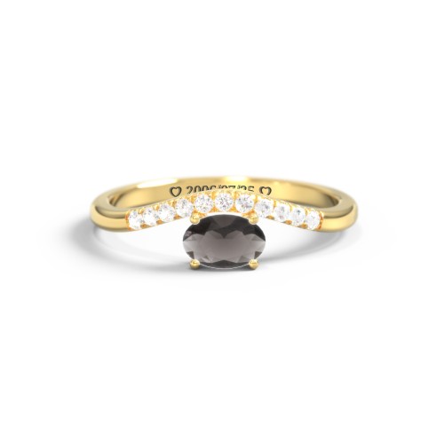 East-West Oval Gemstone Curved Ring with Accents – 10K Yellow Gold with Smokey Quartz and Cubic Zirconia