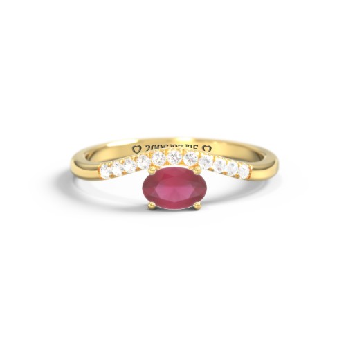 East-West Oval Gemstone Curved Ring with Accents – 10K Yellow Gold with Ruby and Cubic Zirconia